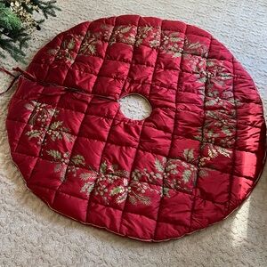 Red Quilted Christmas Tree Skirt with Gold Embroidery